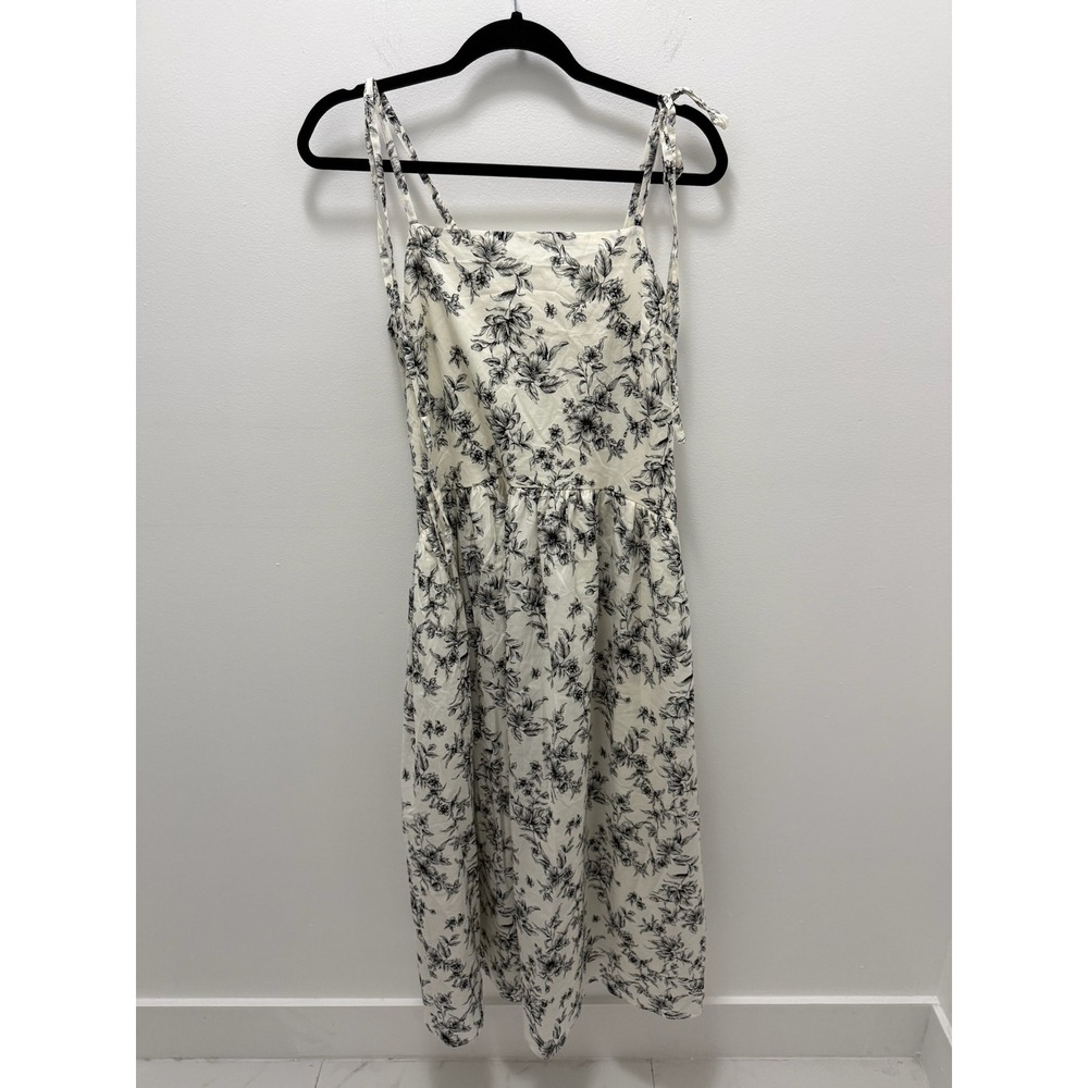 Indigo Rose Floral Midi Dress Cream Black Tie Shoulder Cotton Small Drop Waist